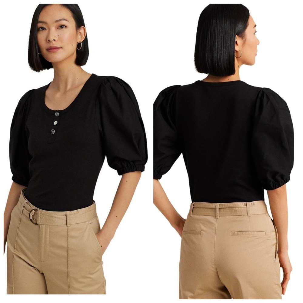 Lauren Ralph Lauren Black Puff Sleeve Henley Top Petite Small LRL Buttons PS‎